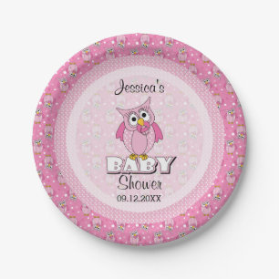 Plato De Papel Tema de Baby Shower Pink Polka Dot Owl