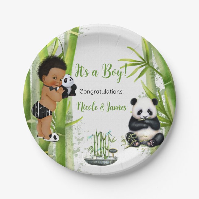 Plato De Papel Tema de Bambú de Panda Niño Negro Blanco Verde (Anverso)