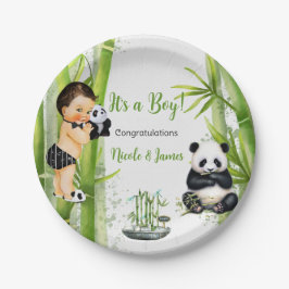 Plato De Papel Tema de Bambú de Panda Niño Negro Blanco Verde