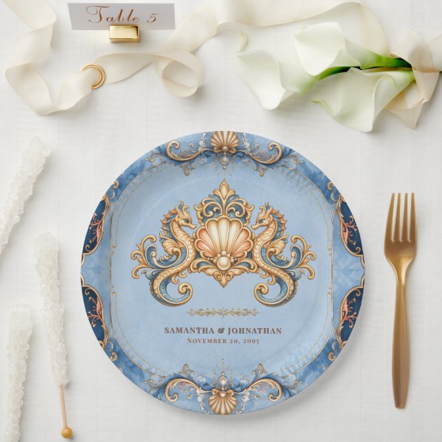 Plato De Papel Tema de caballito de mar de lujo editable picnic d (Boda)