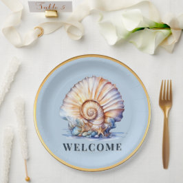 Plato De Papel Tema de conchas marinas de lujo azul dorado picnic
