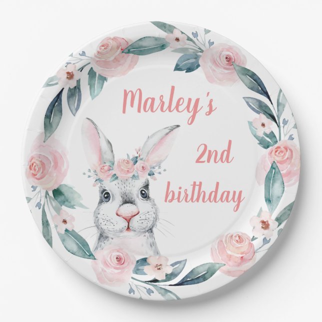 Plato De Papel Tema de cumpleaños de conejito de primavera dulce (Anverso)
