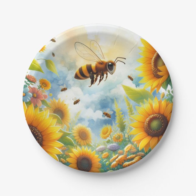 Plato De Papel Tema de cumpleaños Girasol Abeja Ocupada  (Anverso)