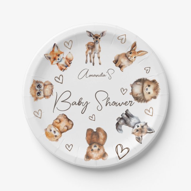 Plato De Papel Tema de fiesta de bebé con animales del bosque (Anverso)