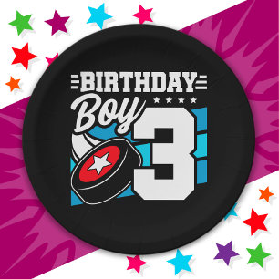 Plato De Papel Tema de Fiesta de hockey de tres años niño de terc