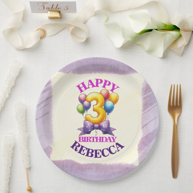 Plato De Papel Tema de globos para tercer cumpleaños (Boda)