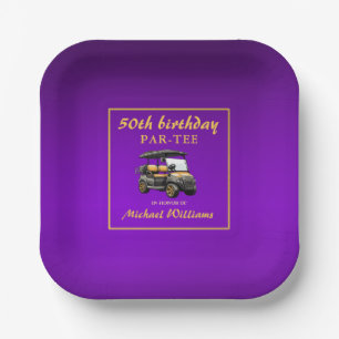 Plato De Papel Tema de Golf Elegante Carrito Morado Dorado Cumple