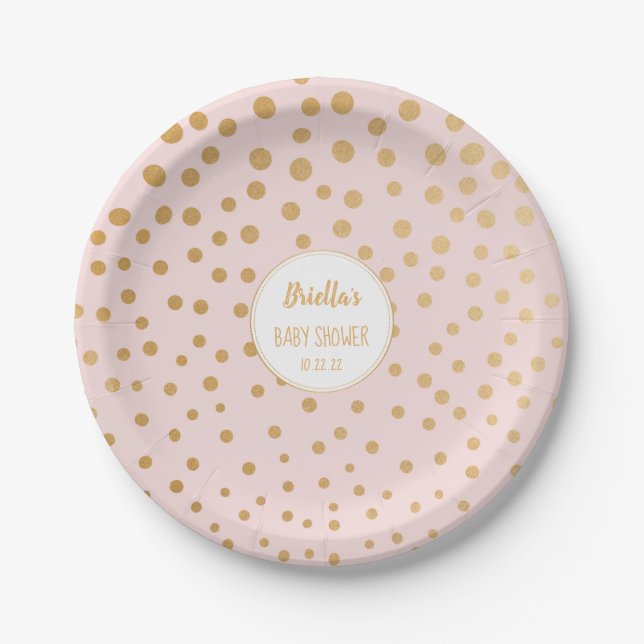 Plato De Papel Tema de la ducha de bebé chica de punto dorado ros (Anverso)