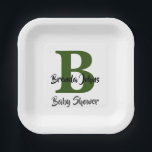 Plato De Papel Tema de la selva verde del bosque monograma de Bab<br><div class="desc">Diseñado con plantillas de texto para el primer y el nombre monogramado que puede personalizar! Ideal para el fiesta de la ducha de bebé,  pero también puedes editar el texto para otro evento!</div>