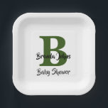 Plato De Papel Tema de la selva verde del bosque monograma de Bab<br><div class="desc">Diseñado con plantillas de texto para el primer y el nombre monogramado que puede personalizar! Ideal para el fiesta de la ducha de bebé,  pero también puedes editar el texto para otro evento!</div>