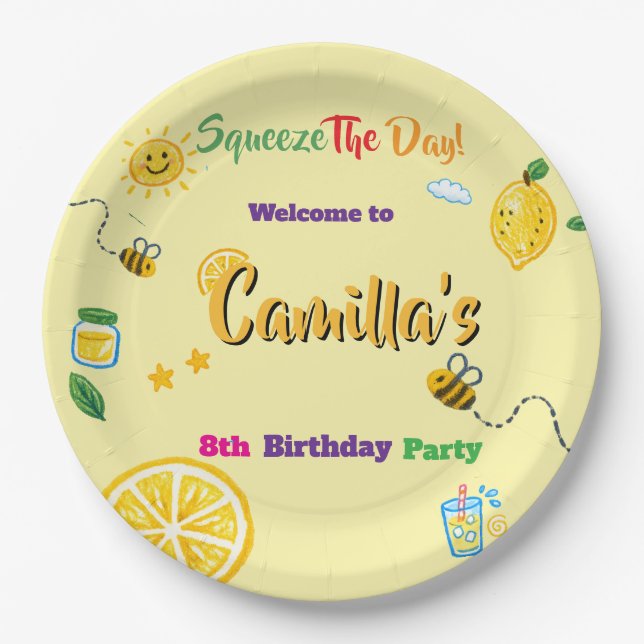 Plato De Papel Tema de limón para cumpleaños de niños  (Anverso)