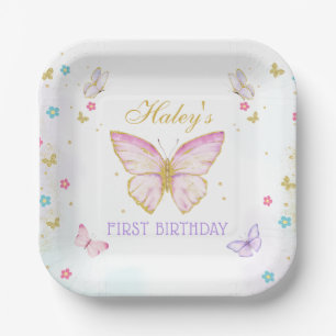 Plato De Papel Tema de mariposa rosa Placa de papel de cumpleaños