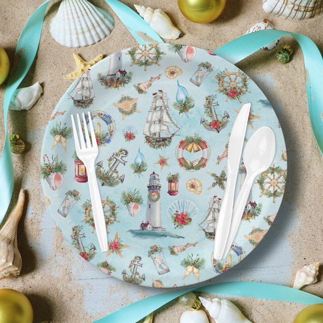Plato De Papel Tema de playa navideño costero náutico (Subido por el creador)