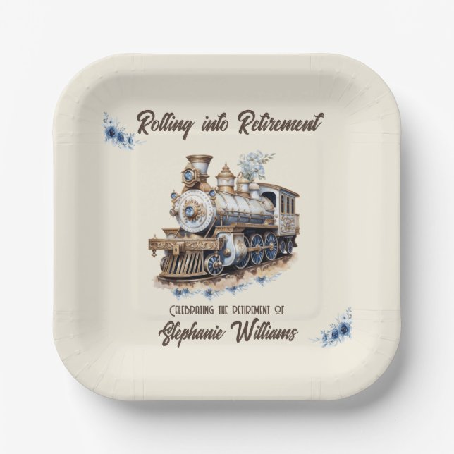 Plato De Papel Tema de viaje retirado en tren de jubilación (Anverso)