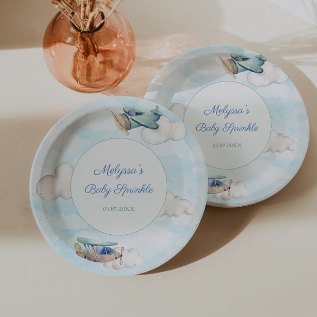 Plato De Papel Tema Del Avión Baby Shower Para Fiesta De Niños (Airplane travel or adventure theme baby shower or birthday baptism party paper plates)