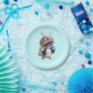 Plato De Papel Tema del gato espacial