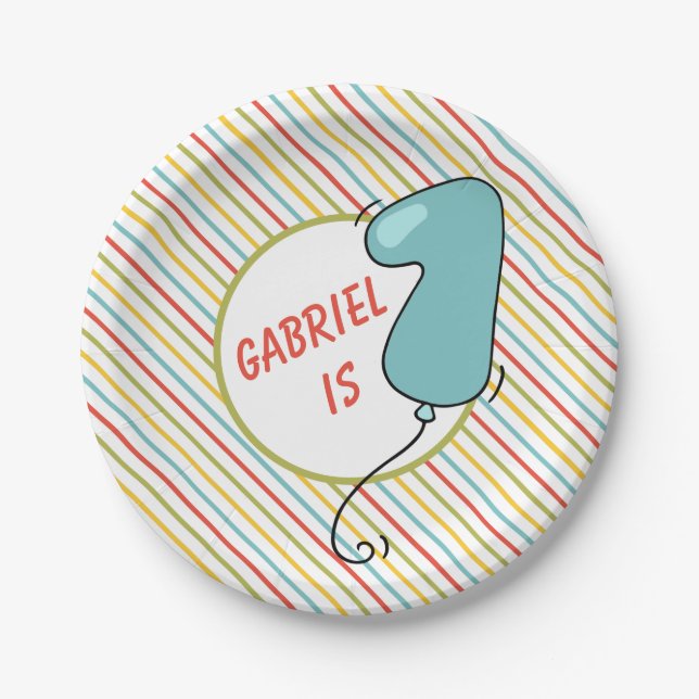 Plato De Papel Tema del primer globo de cumpleaños a rayas (Anverso)