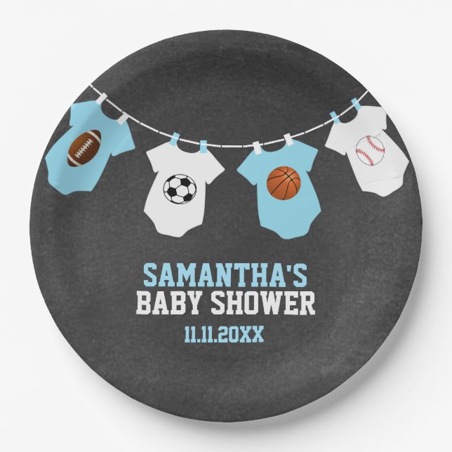 Plato De Papel Tema deportivo Chalkboard Blue Boy Baby Shower (Anverso)