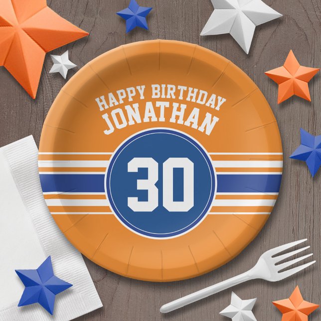 Plato De Papel Tema deportivo naranja y cumpleaños azul (Personalized party plates - sports theme for birthday or any occasion)