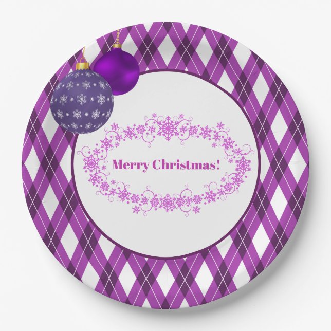 Plato De Papel Tema morado y blanco Feliz Navidad (Anverso)