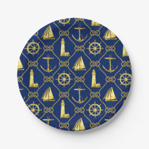 Plato De Papel Tema Náutico Azul Marino Dorado Ancla Faro