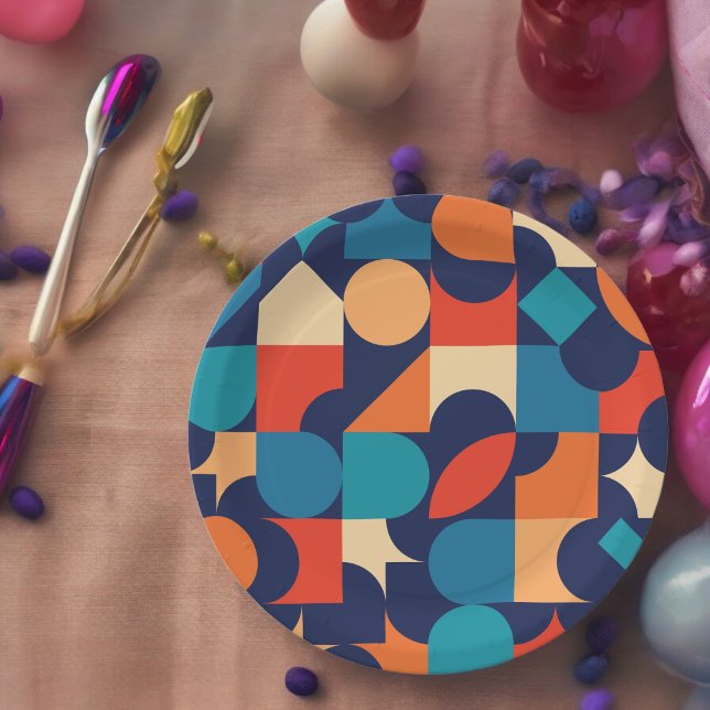 Plato De Papel Tema retro (Bauhaus retro style,birthday,wedding,baby shower,special occasion event paper plate party supplies)