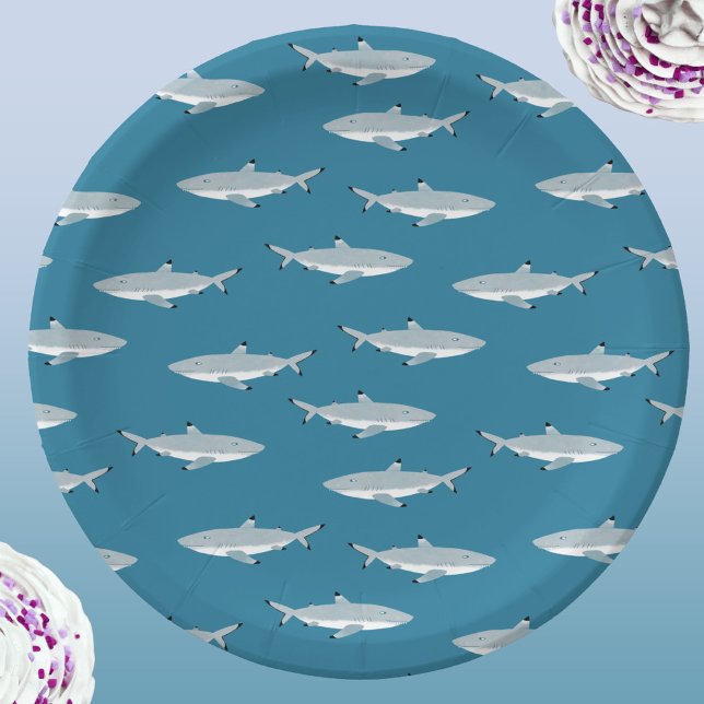 Plato De Papel Tema subacuático del tiburón divertido (Fun shark pattern underwater themed party paper plates)