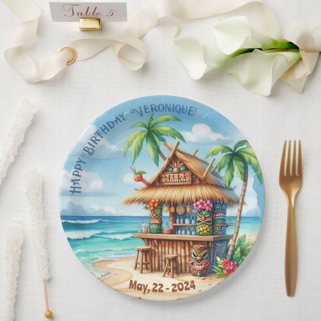 Plato De Papel Tema tiki Estilo de vacaciones personalizado texto (Boda)