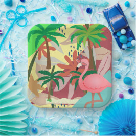 Plato De Papel Temática de verano de Flamingo