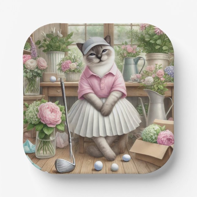 Plato De Papel Temática del golf para los amantes del gato (Anverso)