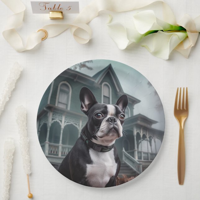 Plato De Papel Temeroso susto de Halloween en Boston Terrier (Boda)