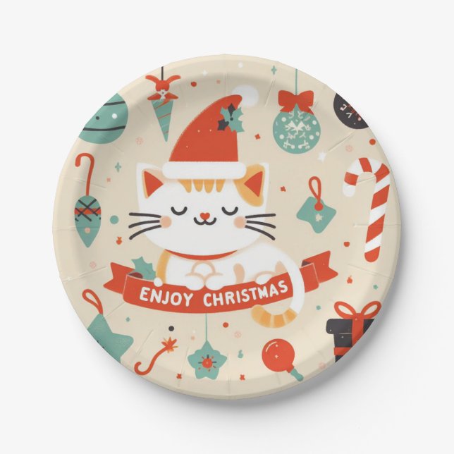 Plato De Papel Temporada de Navidades Cute Cat Enjoy (Anverso)