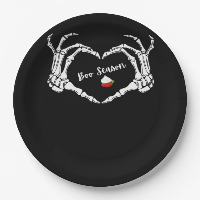 Plato De Papel Temporada Skeleton Hand Heart Boo Classic (Anverso)
