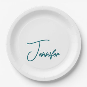 Plato De Papel Tendencia Verde Teal Oscuro Nombre Minimalista Mod