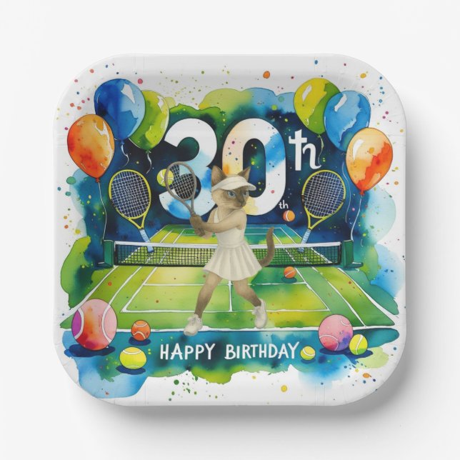 Plato De Papel Tenis 30 años para los amantes del gato siamés (Anverso)