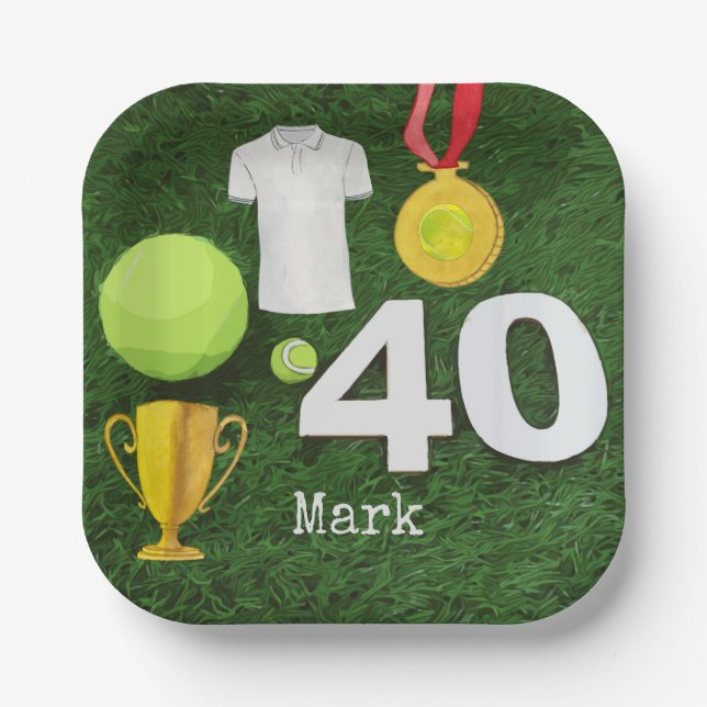 Plato De Papel Tenis 40º cumpleaños con pelota de tenis en verde (Anverso)