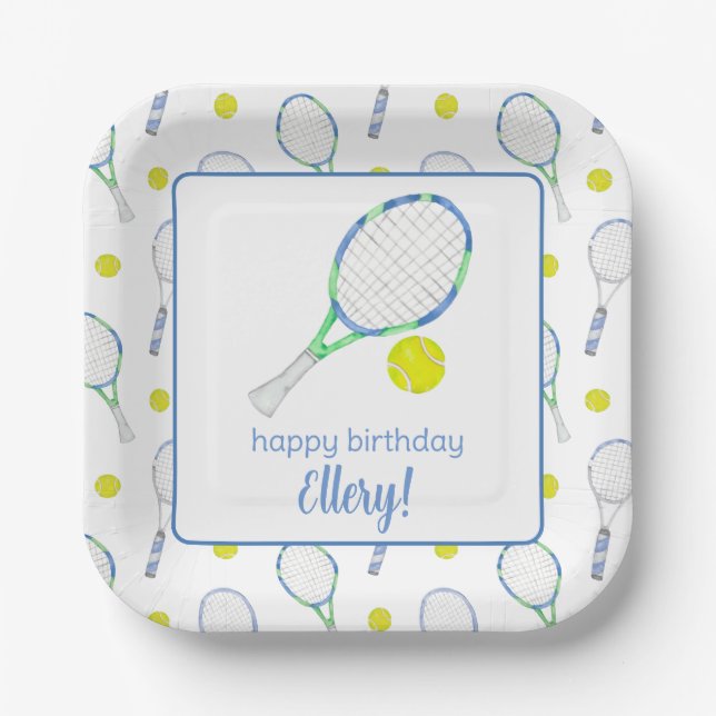 Plato De Papel Tenis azul y verde acuarela (Anverso)
