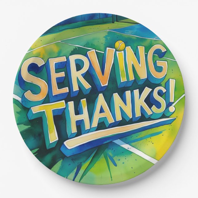 Plato De Papel Tenis Gracias fiesta con raqueta y pelota (Anverso)