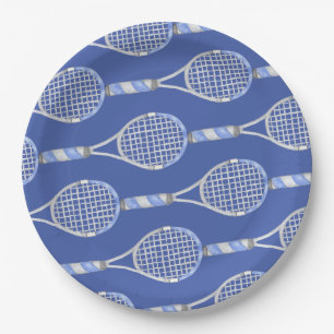 Plato De Papel Tenis racket sobre fiesta de fondo azul