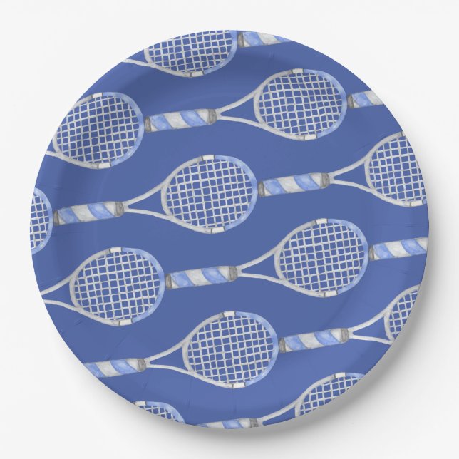 Plato De Papel Tenis racket sobre fiesta de fondo azul (Anverso)