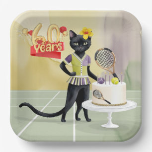 Plato De Papel Tennis Black Cat 60 cumpleaños fiesta con pastel