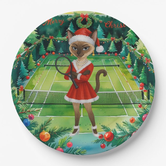 Plato De Papel Tennis Christmas themed for Siamese Cat Lovers  (Anverso)