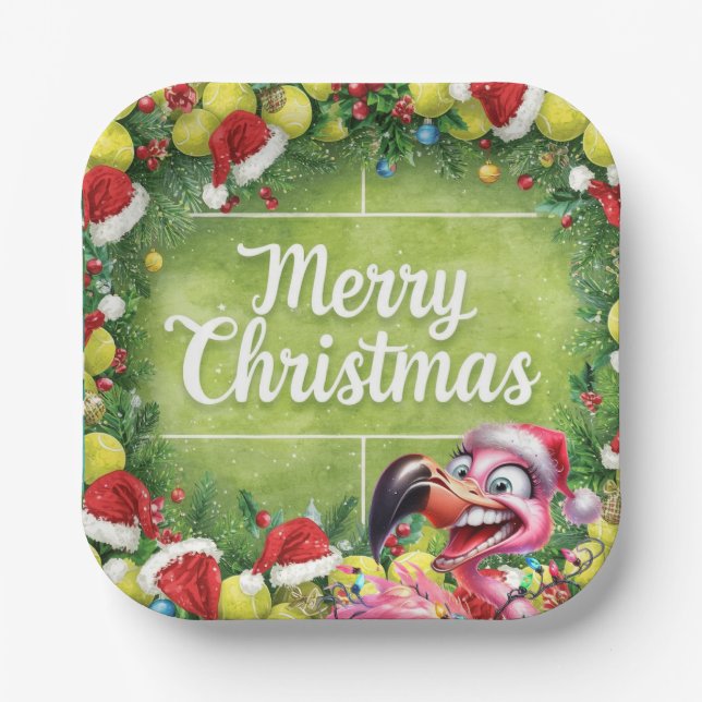 Plato De Papel Tennis Christmas with Flamingo themed  (Anverso)
