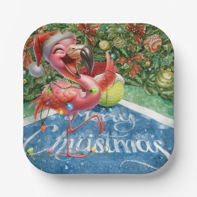 Plato De Papel Tennis Christmas with Flamingo themed  (Anverso)