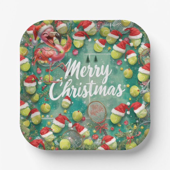 Plato De Papel Tennis Christmas with Flamingo themed  (Anverso)