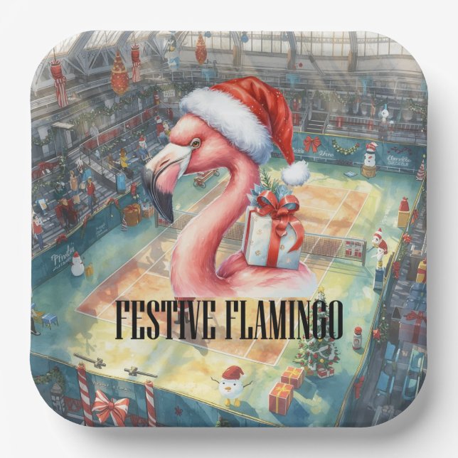Plato De Papel Tennis Christmas with Flamingo themed  (Anverso)