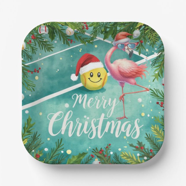 Plato De Papel Tennis Christmas with Flamingo themed  (Anverso)