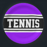 Plato De Papel TENNIS Fun Bold Bright Purple Black Racing Stripes<br><div class="desc">This sporty design features bold athletic TENNIS text inside wide black and white center racing stripes against bright purple outer edges.</div>