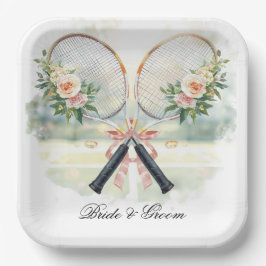 Plato De Papel Tennis Wedding Racket with Flower Bride & Groom