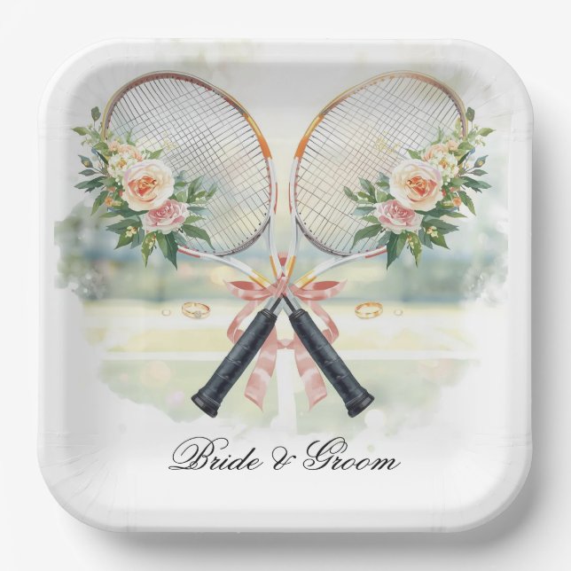 Plato De Papel Tennis Wedding Racket with Flower Bride & Groom (Anverso)